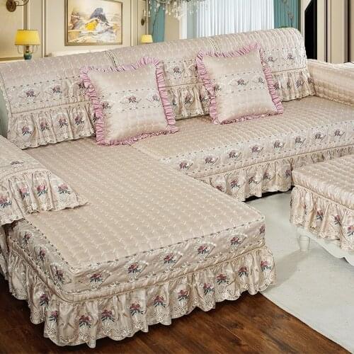 Beige Luxury Cotton Linen Sofa Cover Grey Jacquard Embroidery Sofa Towel Thick Soft Cushion Pillowcase Exquisite Lace Sofa Set 4