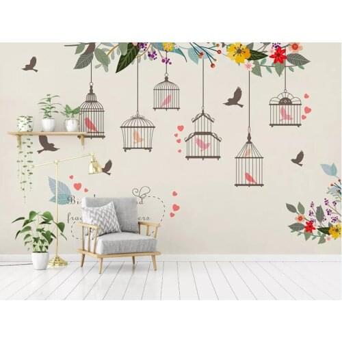 Hand Painted Bird Birdcage Mural Flower Wallpaper Art Wall Decal HD Printed Photo Wall Paper Floral Wall Paper Home Improvement