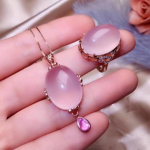 Anniversary Best Gift Natural Rose Quartz jewelry set Natural Real Rose Quartz 925 sterling silver 1pc pendant,1pc ring