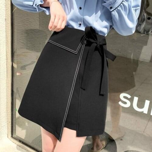 2021 Autumn Streetwear Irregular Split Short A-line Skirt Lace Up High Waist Slim Thin Women Solid Color Fashion Casual Y130