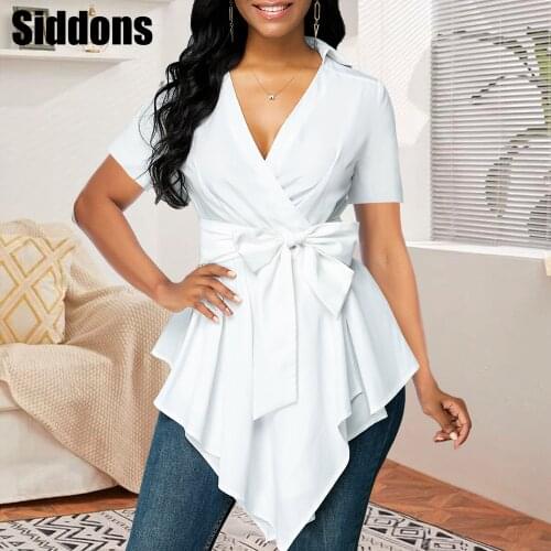 Women White Blouse V Neck Tops Short Sleeve with Waist Belt Office Ladies Classy Modest 2021 Spring Summer Shirt Elegant Blusa