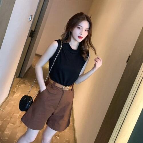 Women 2021 Summer Fashion Wide Legs Suit Female Office Set Sleeveless Tees High Waist Shorts Suit Ladies Casual 2 Piece Set R152