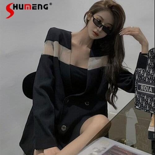 Women Thin Blazer Black Blasters Casual Womens Summer High Street Double breasted Suit Jacket Bleizer De Mujer Oversized Blzer