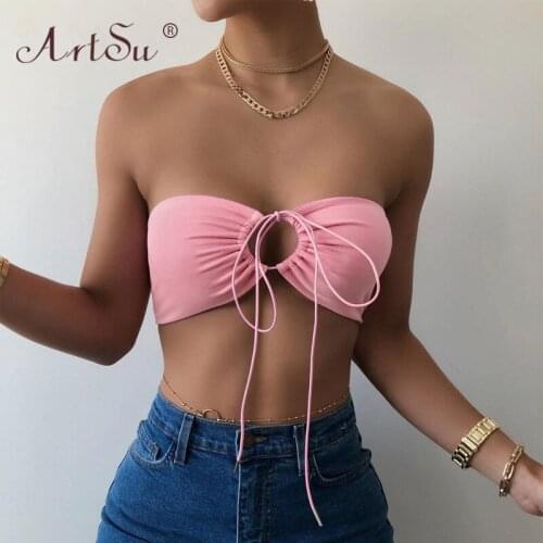 ArtSu Strapless Multiway Bandage Tube Top Women Solid Sexy Halter White Crop Top Club Streetwear Blue Pink Summer Tank Tops