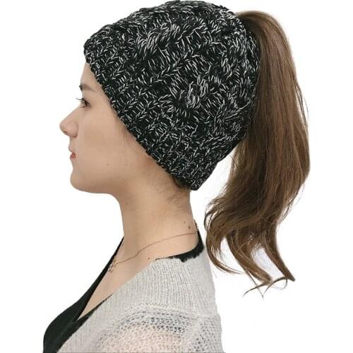 Winter Knitting Hats Winter Women Cap Ladies Girl Stretch Knit Hat Messy Bun Ponytail Beanie Holey Warm Hats Caps