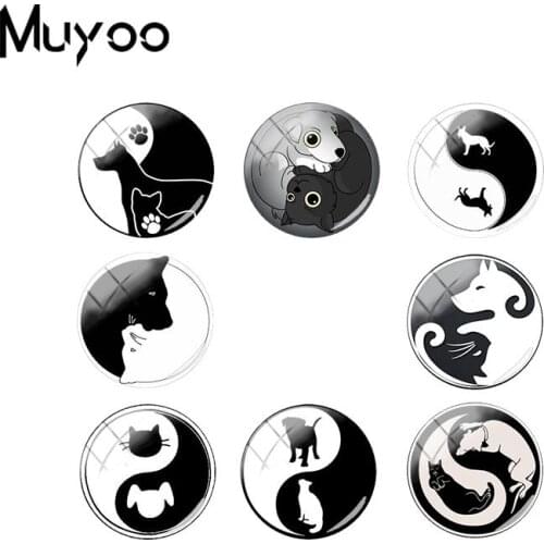 2018 New Yinyang Dog Jewelry Cabochons Handmade Black White Dogs Pentagram Glass Dome Cabochon