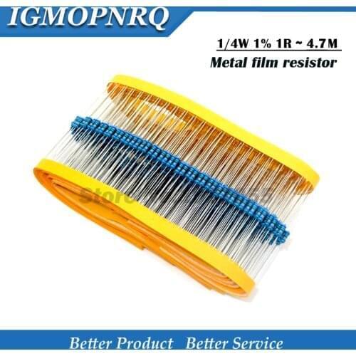 800pcs 1/4W 1R~22M 1% Metal film resistor 100R 220R 1K 1.5K 2.2K 4.7K 10K 22K 47K 100K 100 220 1K5 2K2 4K7 ohm resistance