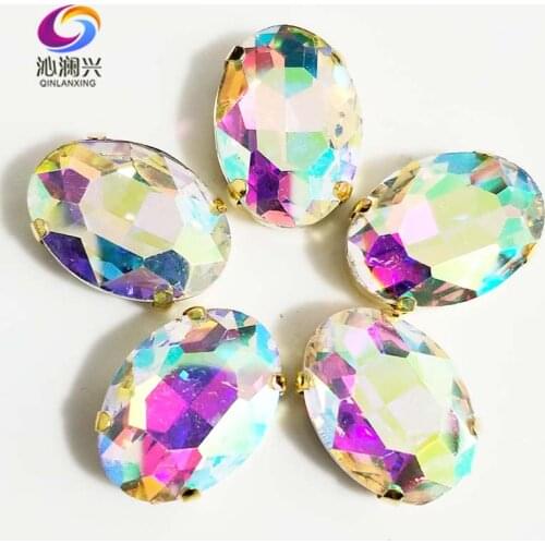AB color oval shape High quality Glass Crystal sew on stones,golden bottom claw rhinestone,Diy/Clothing accessories SWTG06