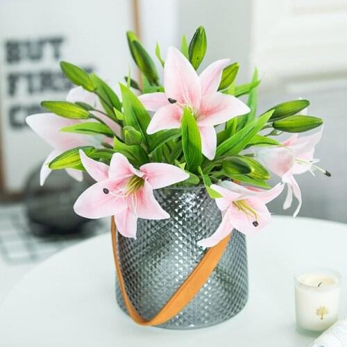APRICOT 3 Heads Simulation Artificial flower Lily flower bouquet for wedding table accessory home decoration