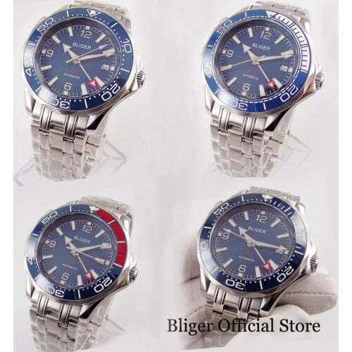 BLIGER Brand 41mm Automatic Men Watch Sapphire Glass Date GMT Function Mental Strap