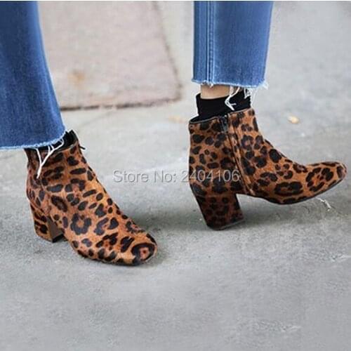 Faux Horsehair Suede Leopard Ankle Boots Brown Thick Chunky Heel Sexy High Heels Flock Zip Booties Ladies Autumn Shoes On Sale