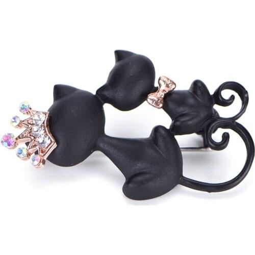 Smooth Black Mother Daughter Cats Brooches Crystal Crown Queen Corsages Hijab Pin Women Hats Scarf Suit Brooch Clothes Buckles