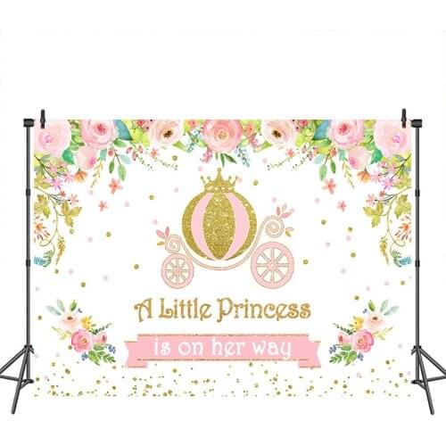 Baby Shower Flowers Gold Dots Crown Carriage A Little Princess Is On Her Way Photography Backgrounds Photocall Photo Studio