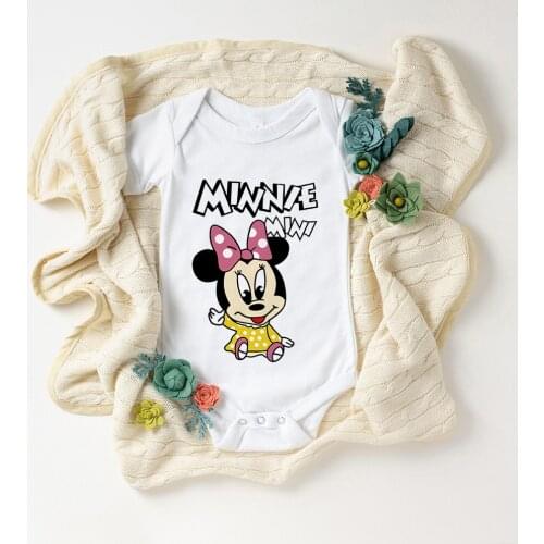 Lovely Disney Baby Clothes Short Sleeve White O-neck Soft Baby Girl Romper Minnie Mini Mouse Print Kawaii Bodysuit For Newborn