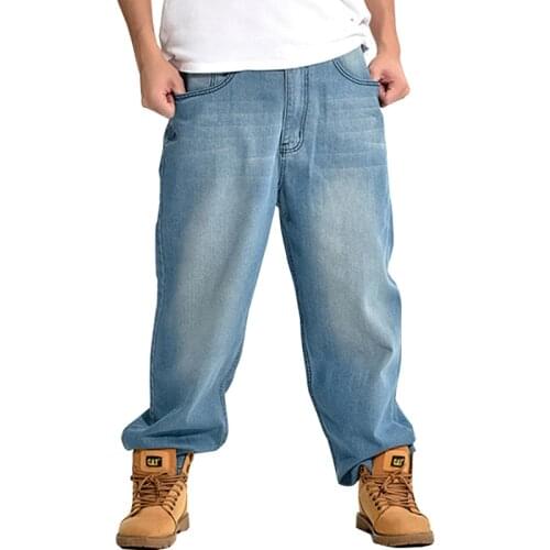 Big Size 30-46 Light Blue Mens Jeans Pants Baggy Hip Hop Loose Skateboard Denim Trousers Streetwear Plain Solid Jeans For Men