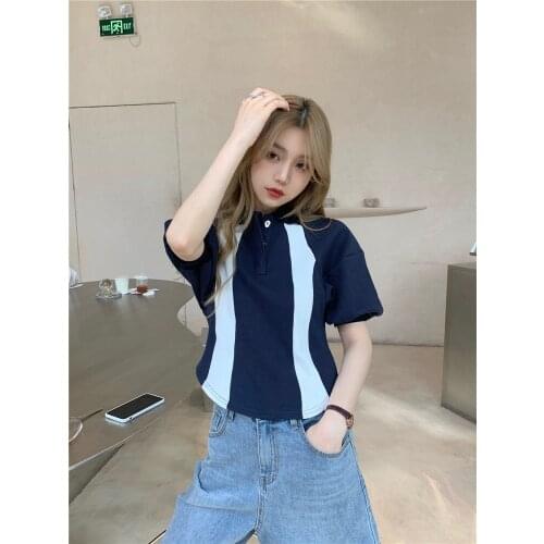 Summer new slim turn-down collar tight-fitting short-sleeved t-shirt women