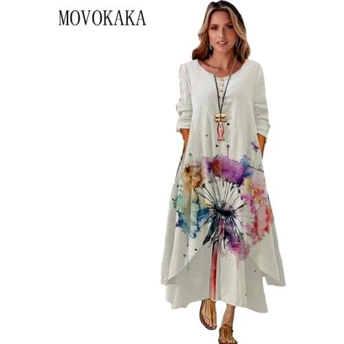 MOVOKAKA 2021 White Long Dress Women Floral Print Vintage Long Sleeve Elegant Dress Plus Size Vestido Women Casual Dresses Party