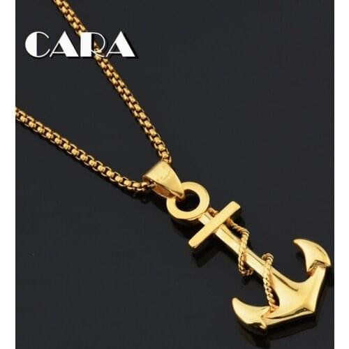 New arrival Gold color stainless steel mens necklace Navy Anchor pendant necklace men hip hop fashion jewelry men CAGF0435