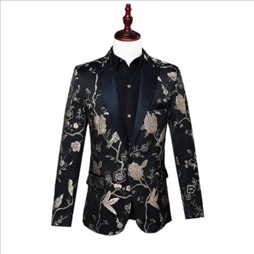 S-xxl Mens Performance Printed Floral Suit Coat Host Nightclub Dj Suit Brocade Jacquard Blazers Jacket Stage Singer Costumes