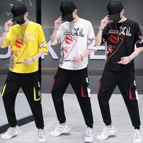 Mens Sets Short Sleeve T Shirt+Elastic Waist Trousers Japan Fashion Mens Clothing Sets Streetwear Two Piece Set Tracksuit Men