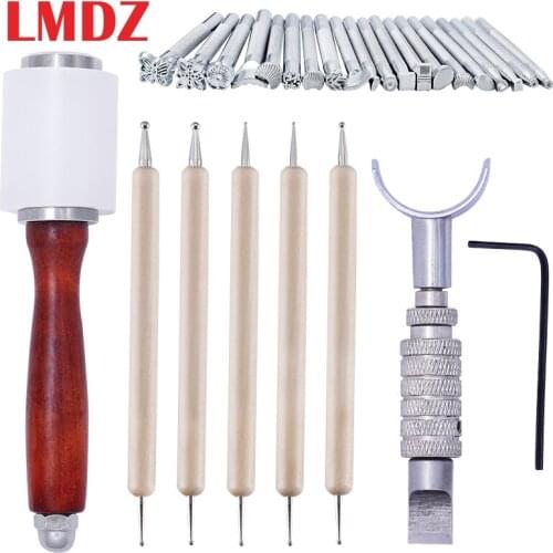 LMDZ Leather Stamping Carving Kit with Saddle Making Tools Swivel Carve Knife Nylon Hammer and Wooden Dual Tipped Tool