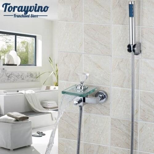 Bathtub shower Waterfall Glass Spout Diamond Handle Wall Mounted Bathroom Bath Handheld Sprayer Tap Mixer Faucet set