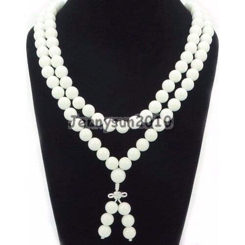 Natural White Alabaste 10mm Gems Stone Buddhist 108 Bead Prayer Mala Long Necklace Multi-Purpose Bracelet Necklace 5Strands/Pack