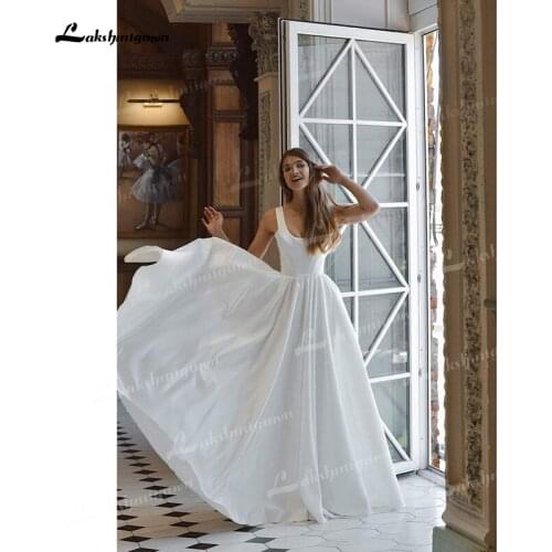 Charming Soft Satin A-Line Wedding Dresses Square Neck Lace Up Sleeveless Corset Pleats Pockets Sweep/Brush Train Bride Gowns