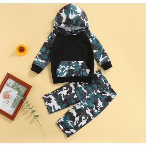 Toddler Baby Boys Fall Outfits Camouflage Print Patchwork Long Sleeve V Neck Hooded Sweatshirt Pants Suit Clothes Set 0-4Y