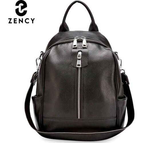 Zency Fashion Women Backpack 100% Cowhide Genuine Leather Black Travel Bags Girls Schoolbag Notebook High Quality Knapsack