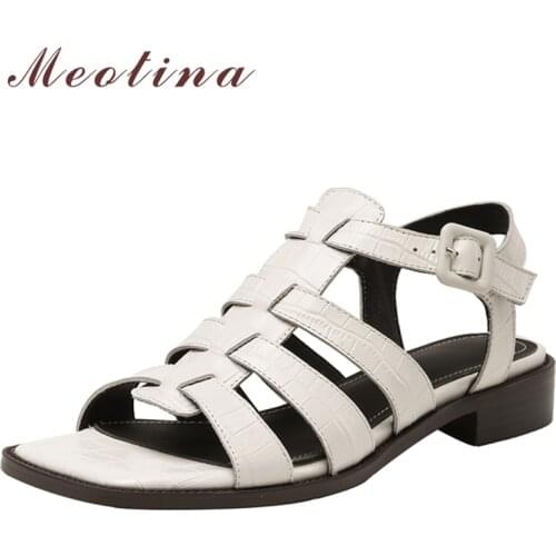 Meotina Women Sandals Genuine Leather Gladiator Shoes Square Toe Thick High Heel Sandals Summer Buckle Ladies Footwear White 40