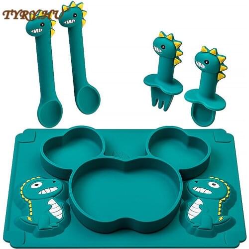 Baby Dinosaur Tableware Childrens Dinner Silicone Plate Creative Cartoon Silicone Feeding Set BPA Free High Quality Silicone