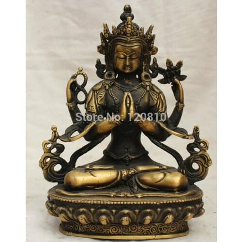 8" Tibet Budhdism Copper Seat 4 arms Chenrezig Buddha Avalokiteshvara Statue