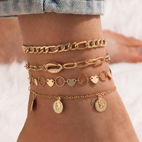 Tocona 4pcs/sets Bohemain Shell Gold Anklets for Women Charms Thick Chain Heart Water Tassel Foot Chain Jewelry Accessories