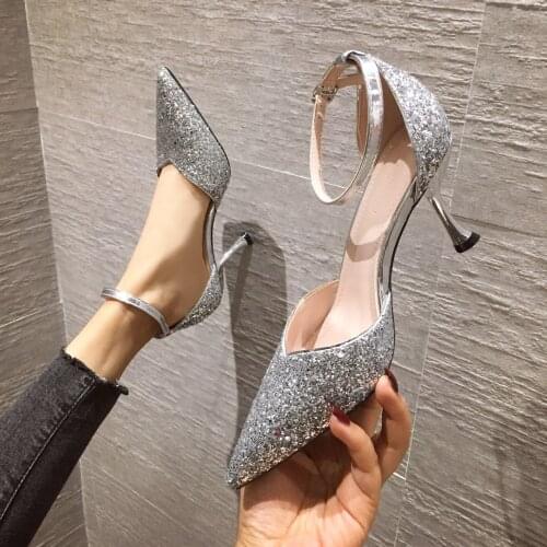 Thin heel hollow pointed one line wedding shoes single night club Sequin Baotou high heel sandals Bridesmaid