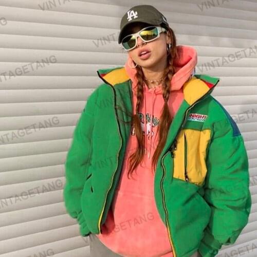 B-TOTO American Retro Green Contrast Color Stand-up Collar Lamb Fur Coat Female Tide Ins Autumn And Winter Cotton Jacket 2021