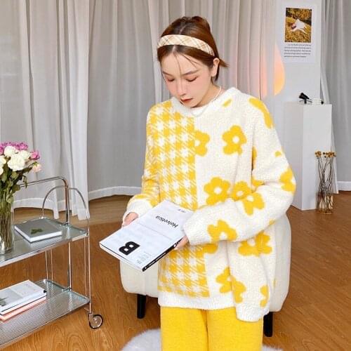 Women Lounge Wear Casual Pajamas Set Sleepwear Cute Print Flower 2PCS Shirt&Pants Nightwear Soft Lingerie 2021 New Home Clothes