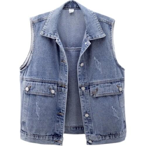 Spring Denim Vest Women Fashion Big Pocket Sleeveless Jacket Casual Single-Breasted Short Vintage Jeans Waistcoat Female G1170