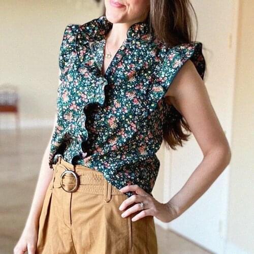 Ruffles Hauts Femme Sleeveless Floral Print Casual 2021 Retro Elegant Women Tops Camis Top à fines bretelles