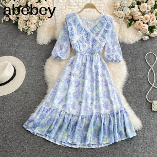 2021 New Summer Women Fashion V-neck puff sleeve Dress lace patchwork Ruffles high waist pleated floral A-line Dress
