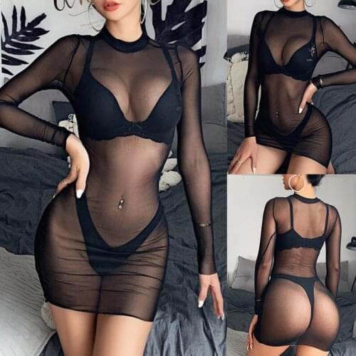 Womens Sheer Mesh See-through Long Sleeve Crop Tops Casual Clubwear Mini Dress Thin Transparent Dress Nightclub Tight Dress