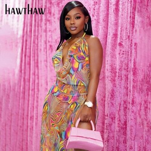Hawthaw Women Summer Backless V Neck Mesh See Through Bodycon Printed Long Dress Sundress 2021 Female Clothing Streetwear