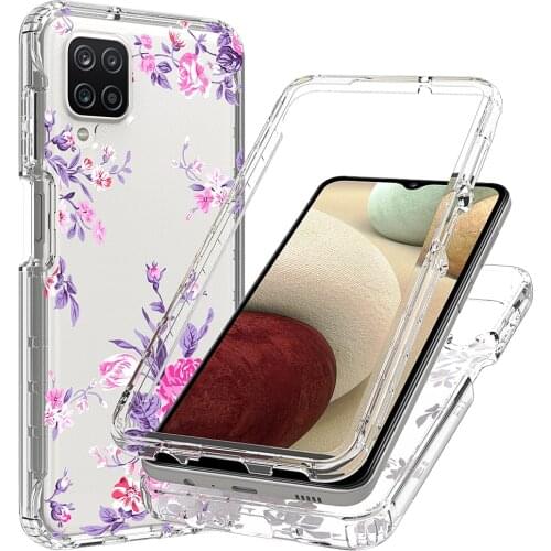 2 in 1 Clear Painted Flower Case for Samsung Galaxy A12 Transparent Hard PC + Soft TPU 360 Full Shockproof Phone Back Cover