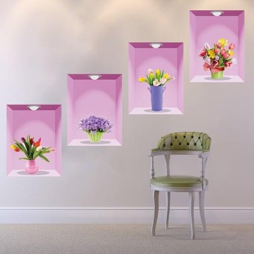 3D Purple Fresh Flower Basket Wall Sticker Wallpaper Mordern Art Mural Decal DIY Girls Room Decor Living Room Modern Decoration