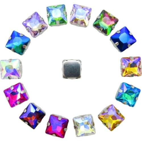 AB colors Silver claw settings 8mm 10mm glitter Square shape glass Crystal strass flatback sew on rhinestones shoes garment trim