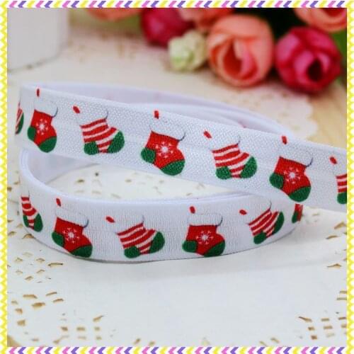 DHK 5/8'' 5yards Fold Over Elastic FOE christmas socks printed headband hair band diy decoration OEM Wholesale C267