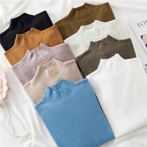 Mock Neck Jumper Office Lady Full Long Sleeve Solid Black Women Knitted Ribbed Pullover Sweater Sueter Ropa Mujer Korean Fashion