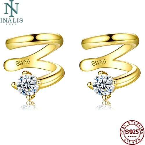 INALIS S925 Sterling Silver Clip Earrings Gold Color Wave Design Fine Jewelry Zircon Earring For Women Pretty Gift Wholesale