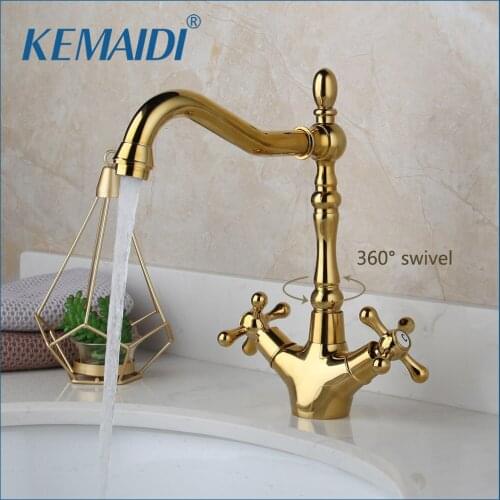KEMAIDI Golden Swivel Antique Brass Stream Rotated Kitchen Bathroom Basin Mixer Tap Dual Handles Deck Mount Hot Cold Water Taps