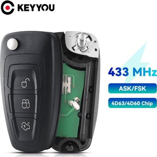 KEYYOU Remote ASK/FSK 3 Buttons Flip Remote Car Key Fob For Ford Focus Mondeo C-Max S-Max Fiesta 2013+ HU101 434Mhz 4D63 Chip